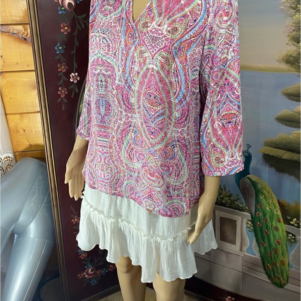 Investments Blouse Pink, White, Blue and Lime Green Small with 3/4 Sleeves